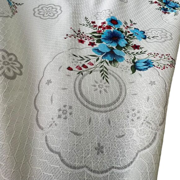 VTG Blue Floral Lace Trim Tablecloth Baroque Texture Satin 62x90” Rectangle Boho - Picture 5 of 7